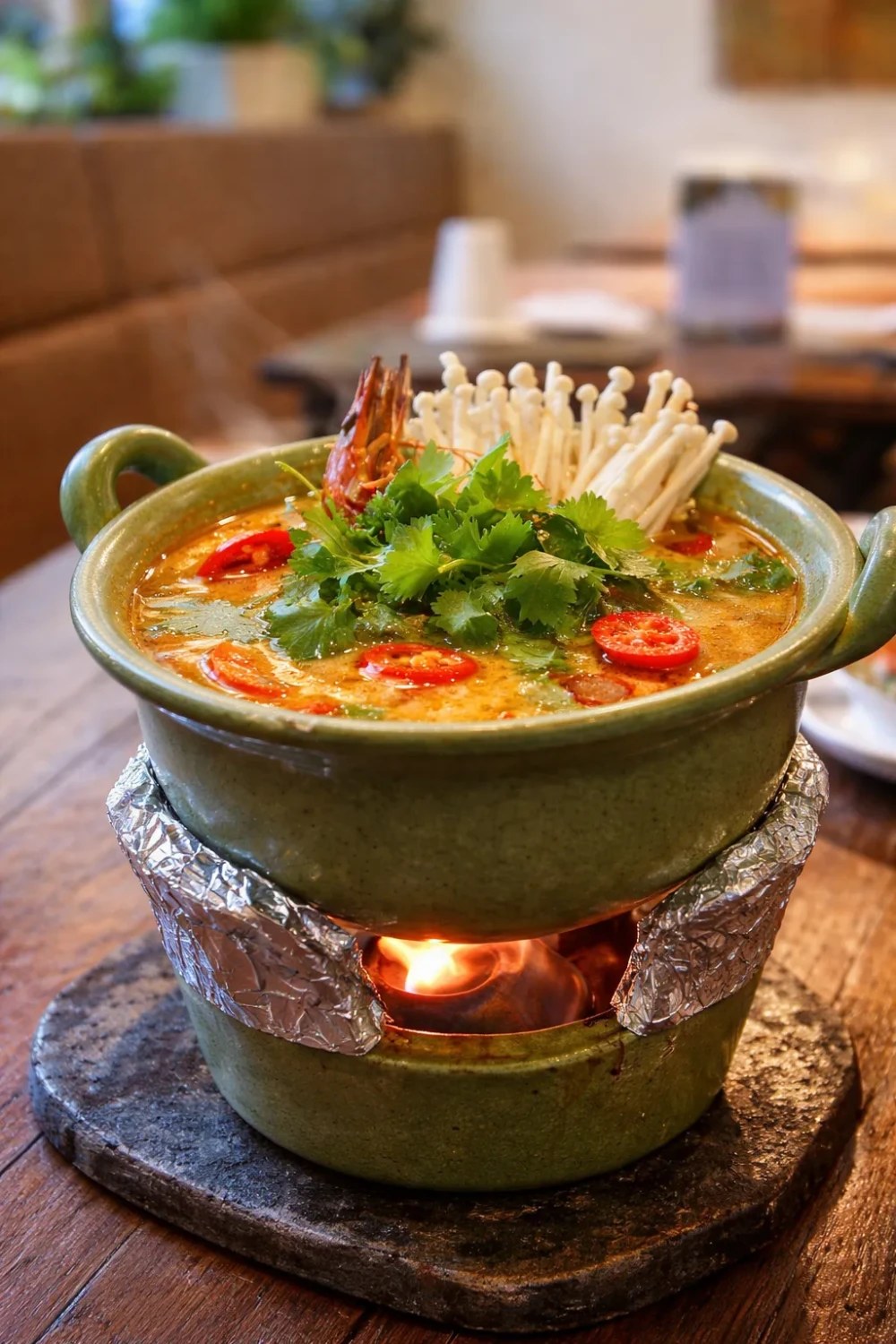 A hot broth dish topped with prawns, mushrooms, coriander and sliced red chilli.
