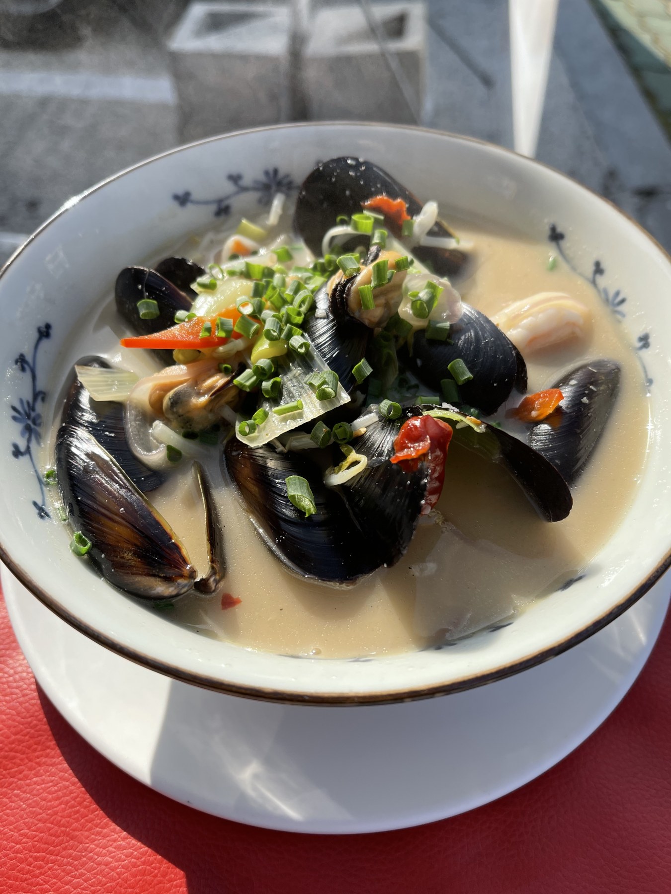 A bowl of noodle soup topped with mussels, vegetables and chopped green onion.